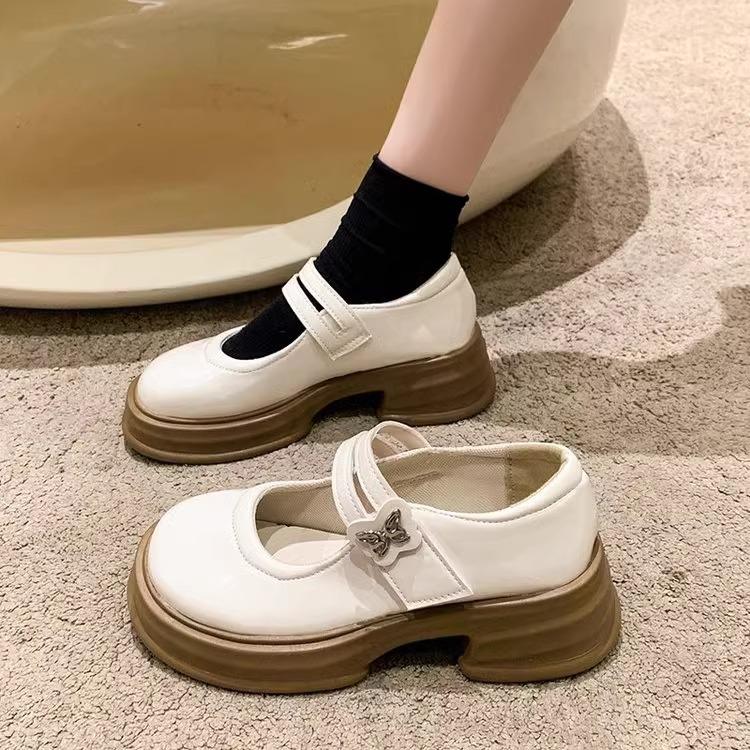White retro pearl small leather shoes women's 2025 summer shallow mouth versatile college style thick-soled round head Mary Jane shoes