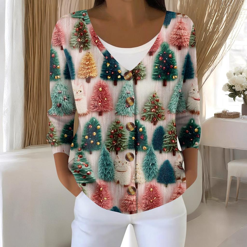 Damemote Langermet Christmas Snowman Snowflake Print Jakke Cardigan