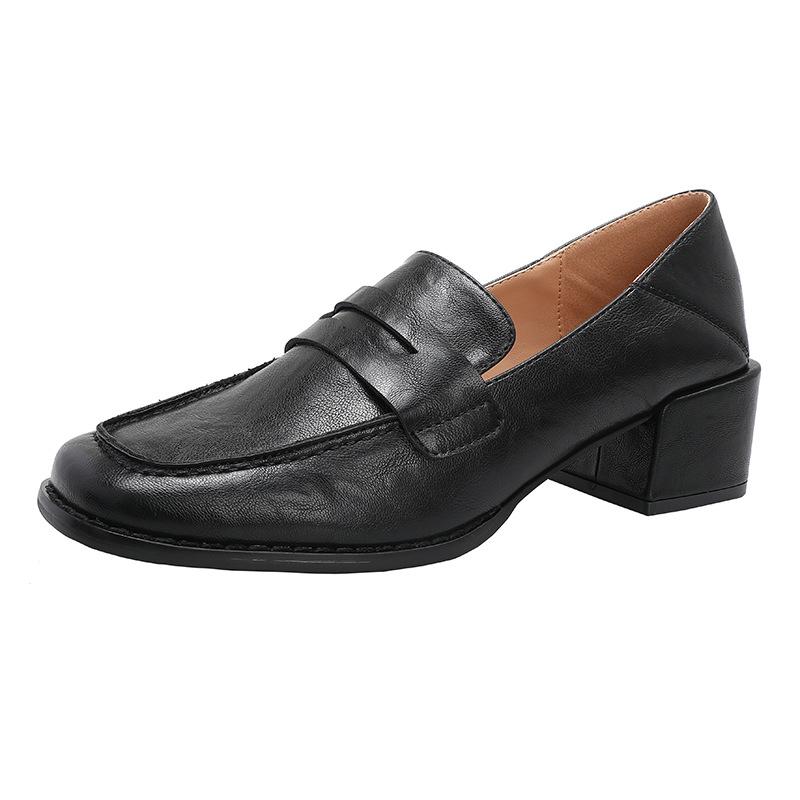Retro Loafers Myke Skinn Hæler Toveissko Collegestil Små Skinnsko Slip-on Sko for Kvinner Tykke Hæler Høye Hæler