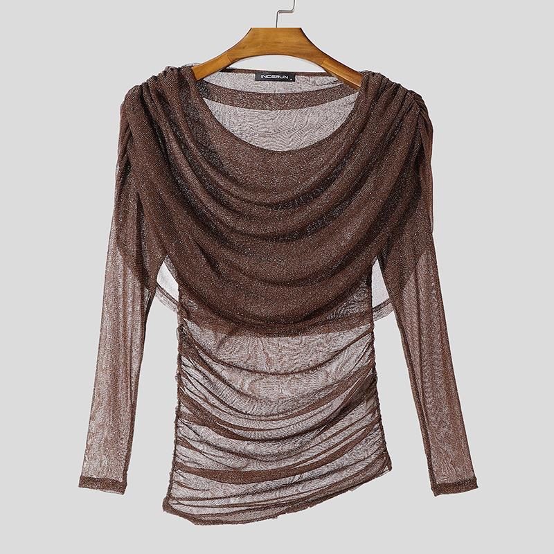 INCERUN Herren Swing Kragen Langarm Rüschen Schichten Glitter Mesh Party Clubwear Tops T-shirts