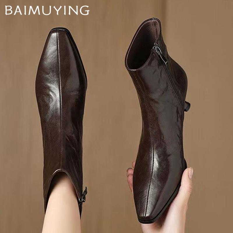 Spitze Zehenpartie Damen Stiefeletten Leder Elegant Designer Mittelhohe Absätze Schuhe Neue Marke Trend Winter Klassische Pumps Botas De Mujer