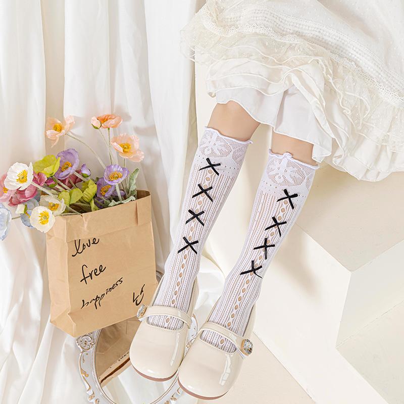 Girls Over The Knee High Socks Retro Stripes Hollow Mesh Cute Bowknot Princess Baby Kids Long Stockings
