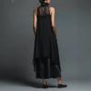 Women Mesh Panel Asymmetric Hem Maxi Dress Casual Loose Fit Dress with Inner Lining