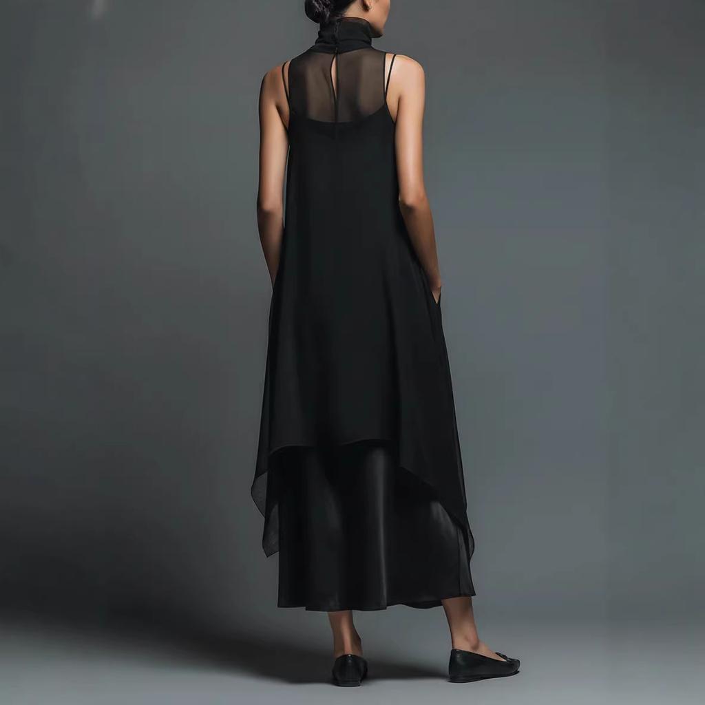 Women Mesh Panel Asymmetric Hem Maxi Dress Casual Loose Fit Dress with Inner Lining