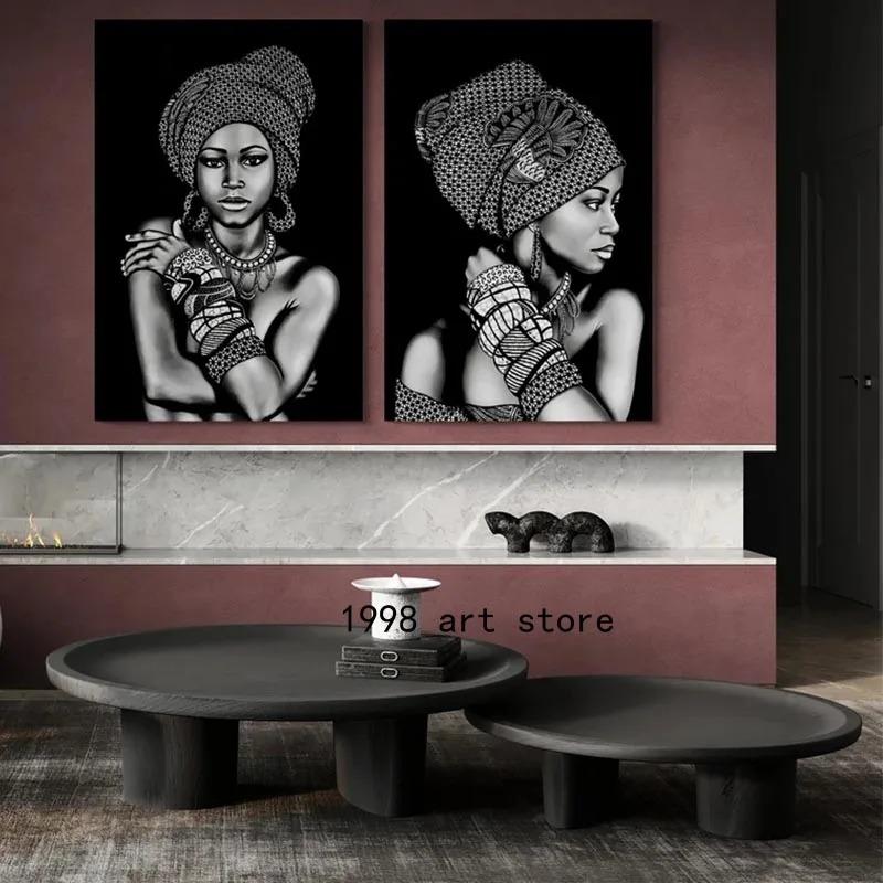 Beauty African Woman with Scarf Bracelet Necklace and Earring Art Poster Canvas Painting Wall Print Picture for Room Home Decor