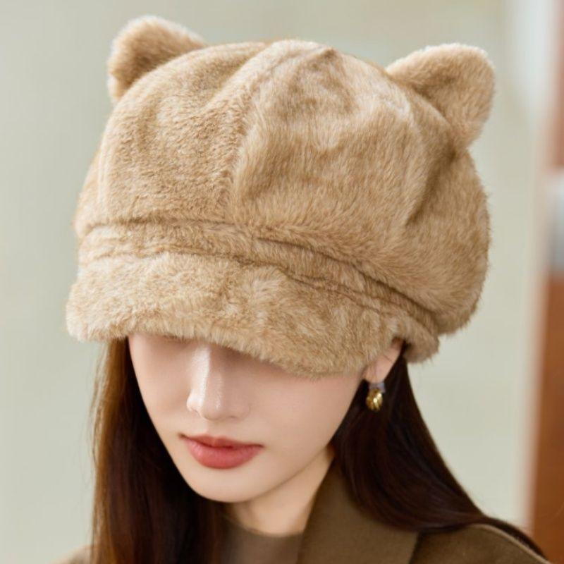 New Style Rabbit Fur Octagonal Hat Women's Fashionable Plush Hat Cat Ear Thermal Cap Wide-Circumference Head Wrap