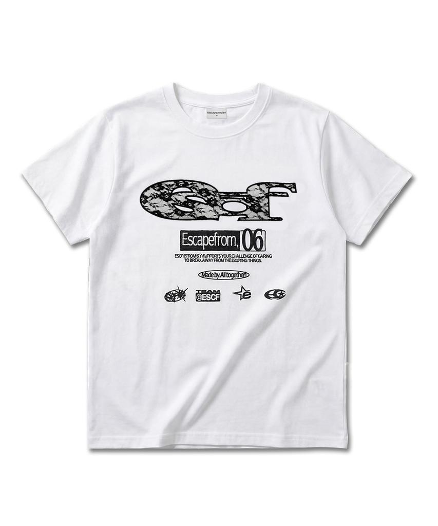 ESCAPEFROM Lace Escf Logo Collage Applique Standard Fit Short Sleeve T-Shirt Black