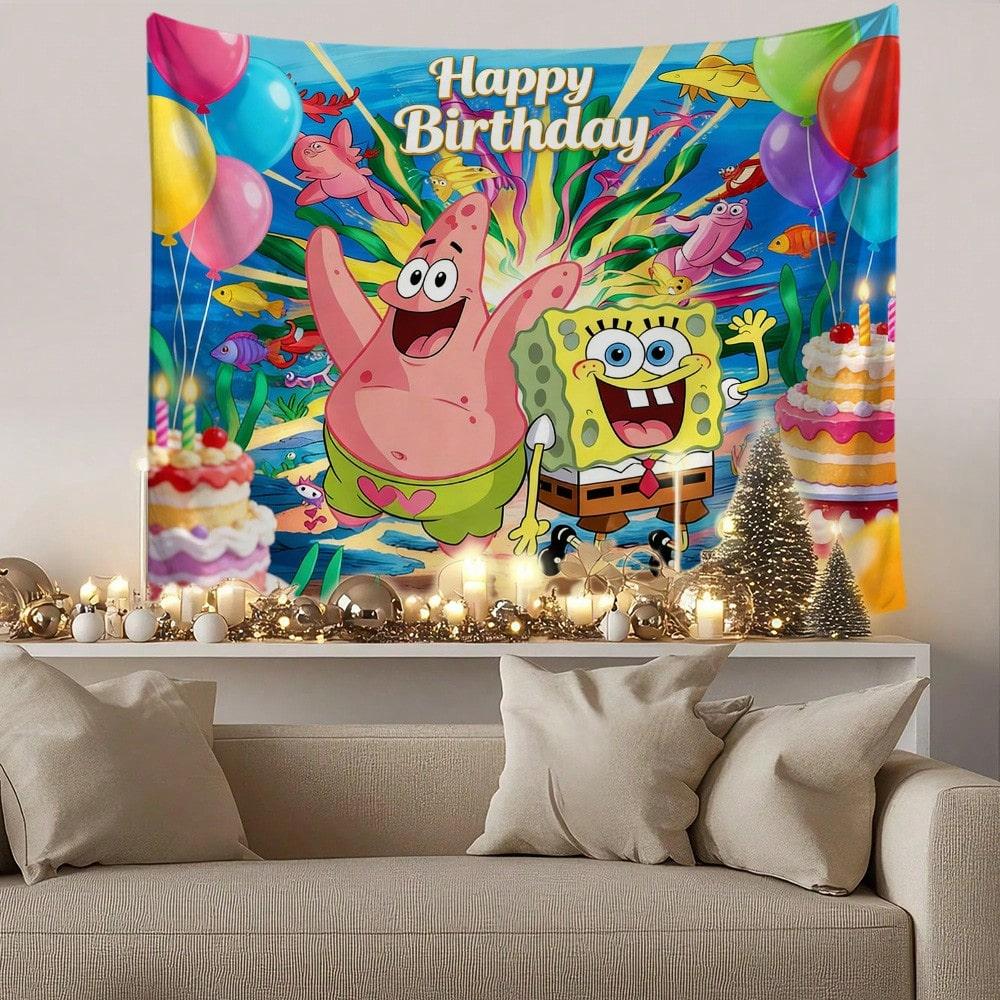 Spongebob Cartoon Design Printed Happy Birthday Party Tapestry Background Decoration Gifts Supplies Photography Backdrop Banner