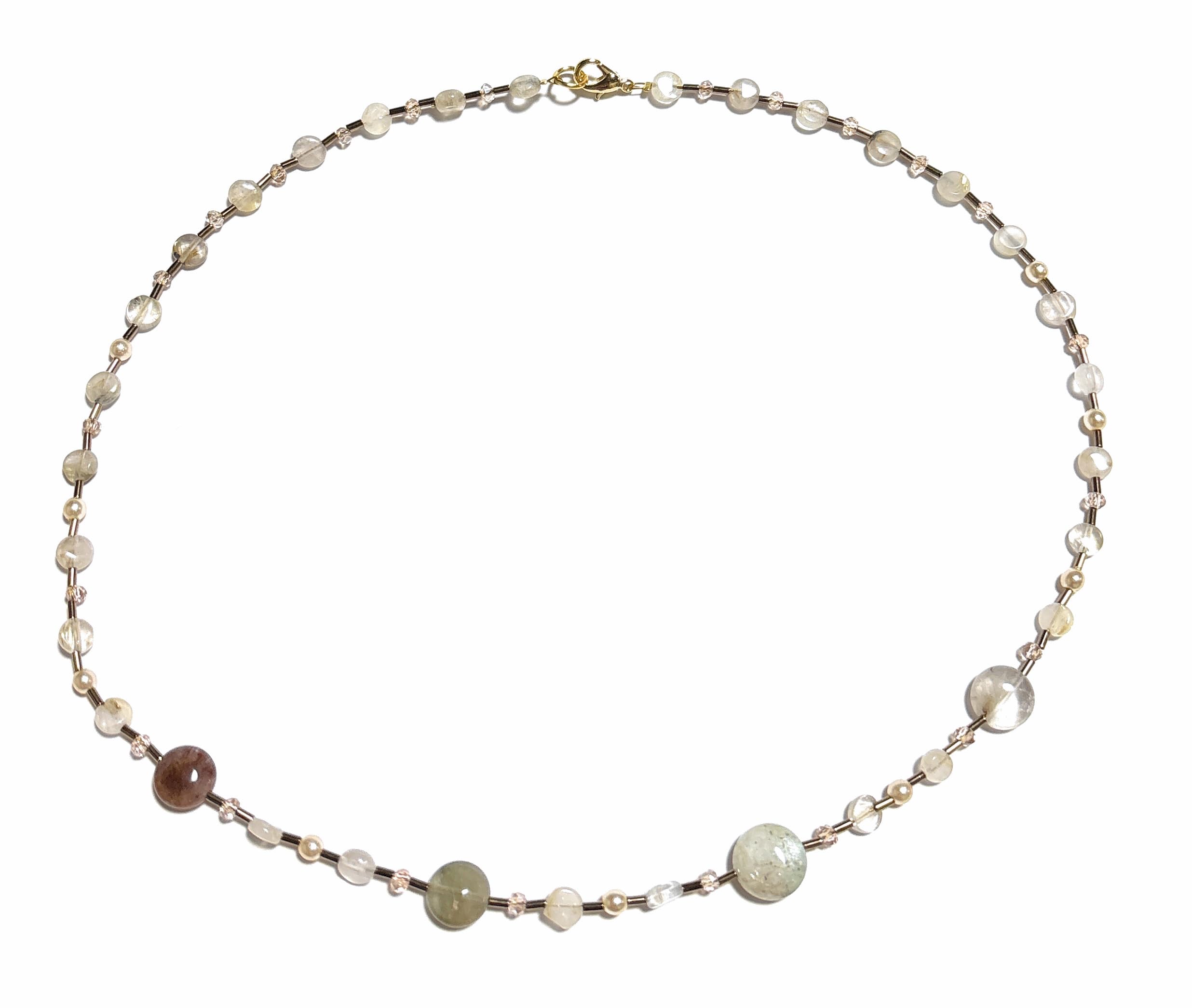 

April Birthstone [Malline] Natural Stone Short Necklace - Rutile Quartz - For Good Fortune and Healing Approx. 51cm Made in Japan (Gold, Green, Red)