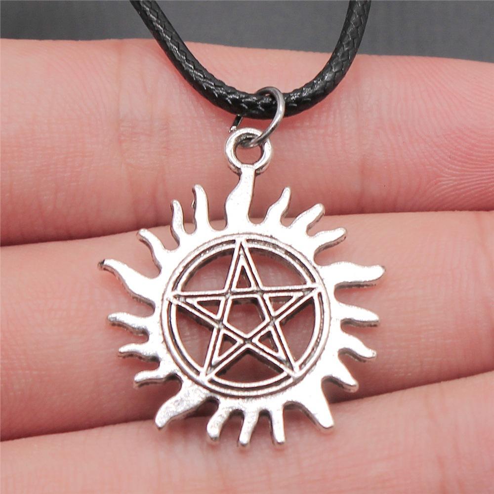 30 Styles Unisex Amulet Wicca Jewelry Gift Sun Moon Star Pentagram Pendant Necklace Black Leather Cord