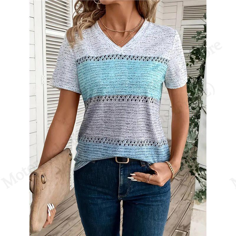 2025 Nuova T-shirt da Donna a Righe a Quadri Stampa 3D T-shirt Moda Donna Casual Scollo a V Manica Corta Top Magliette Abbigliamento Femminile Quotidiano XL