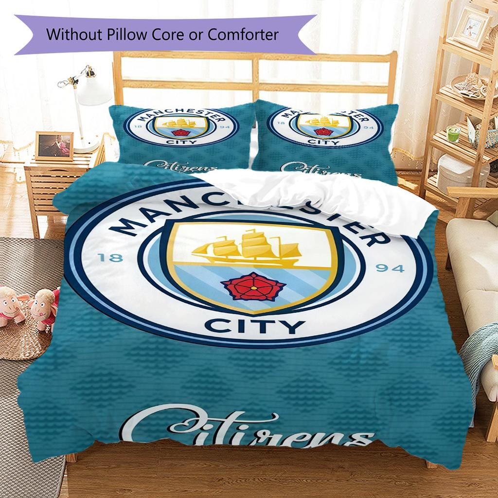 Warme MCFC Überwurf Bettwäsche Steppdecke Set Bettbezug Kissenbezug Heimdekoration Geburtstagsgeschenk (1 Bettbezug + 2 Kissenbezüge, ohne Füllung)