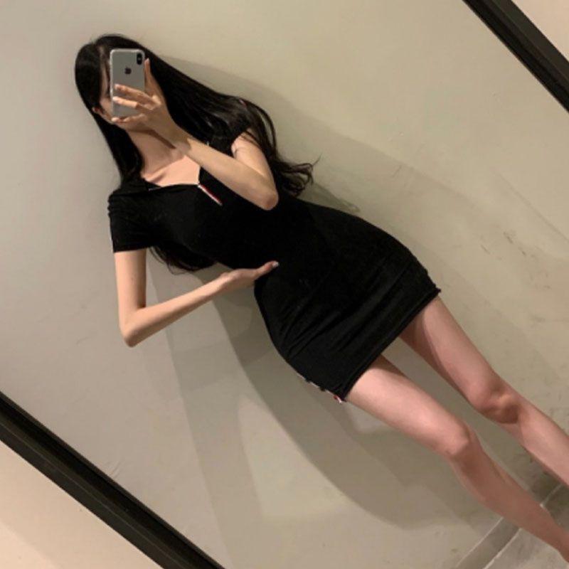 Sexy dress women's summer sweet hottie waist hip skirt tight v-neck small man showing figure night skirt