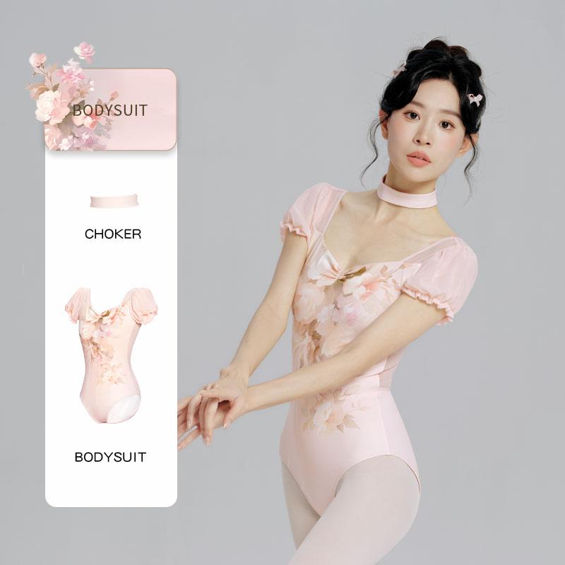 Woman Ballet Leotards Floral Printing Dance Leotards Nylon Mesh Splice Puff Sleeve Ballet Bodysuit Adult Gymnastics Leotard S