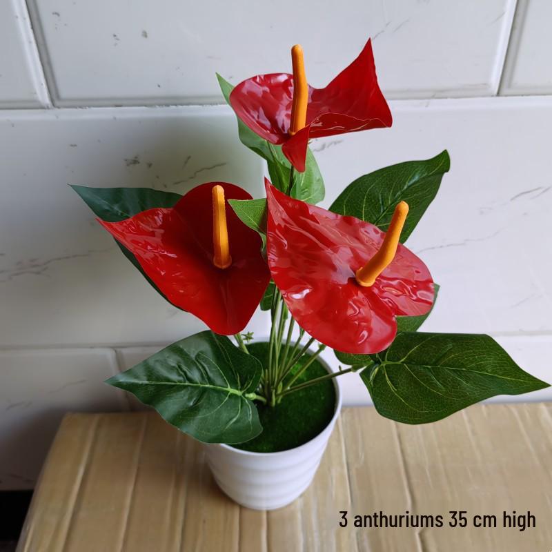 Künstlicher Strauß roter Anthurien: Zimmerdekoration: Topfarrangement mit künstlichem Grün und kleinem Bonsai-Ornament