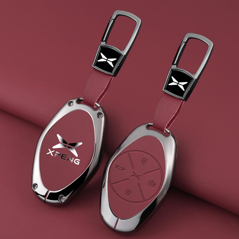 Interior Mouldings Alloy+Leather Car Key Fob Cover Case Shell For Xpeng Xiaopeng P7 P7i P5 G3 G3i G9 G6 22-23 Holder Interior Ke