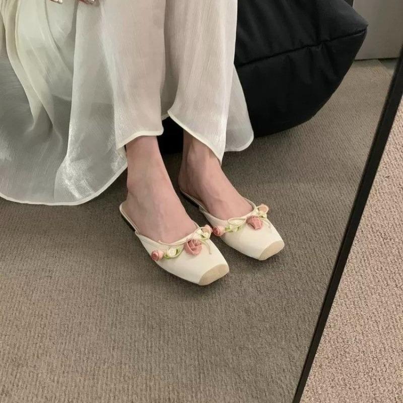 Flower Women Flats Slippers Bow Elegent Mules Shoes Women's Sandals 2025 Summer Dress Fashion Slides Casual New Mujer Sandalias