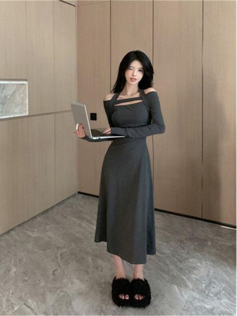 Sweet Spice Girl Versatile Off-Shoulder Neck Long Sleeve Dress Women's Autumn and Winter Design Sense Waist Skinny Hip Wrap Long Skirt