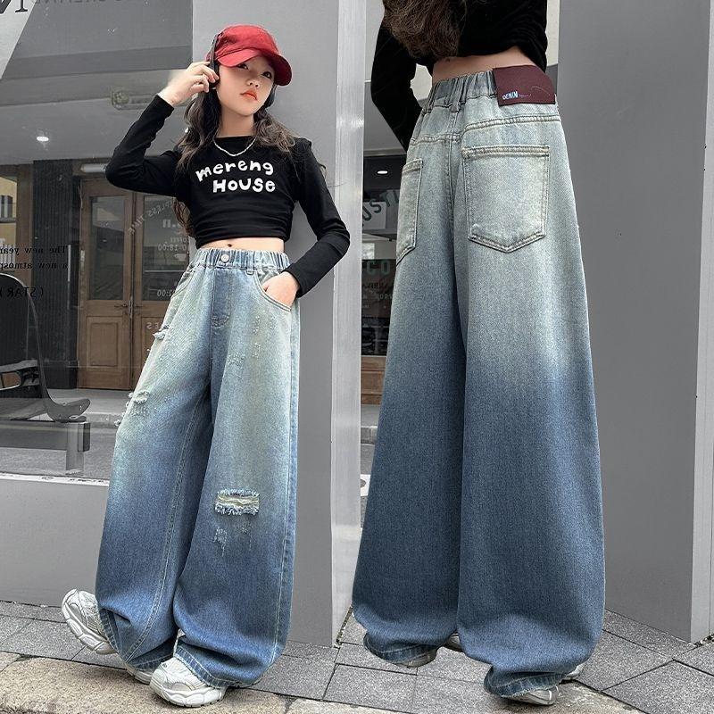 Girls' Fashionable Ripped Jeans for Summer and Fall; Children's Lightweight Straight-Leg Wide-Leg Pants