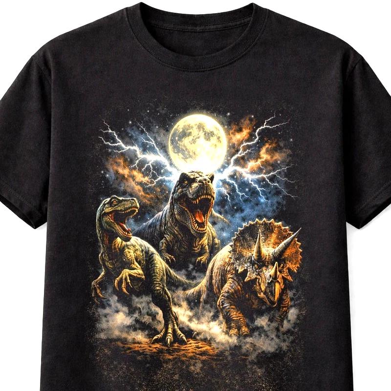 TRex Triceratops Dinosaur Moon Lightning Graphic Unisex TShirt S5XL S