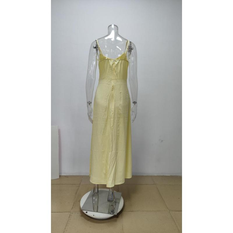 Women Casual Solid Color Lace Up A Line Strappy Long Dress