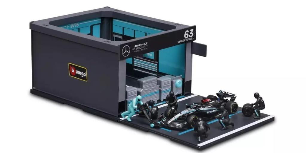 Kyosho BURAGO Petronas F1 Team PIT PASS Set W15 Russell X Paddock BUR38452R 1/43 Mercedes-AMG No.63 G. (Crew 6pcs, Garage)