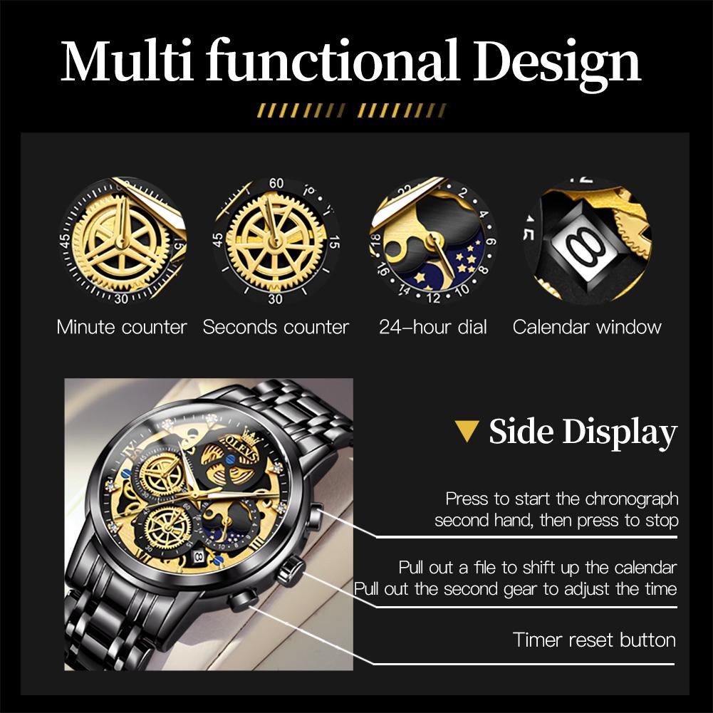 Men's Waterproof Luminous Business Watch Multi Functional Diamond Inlaid Calendar Dial Chrono Phase Quartz Watch