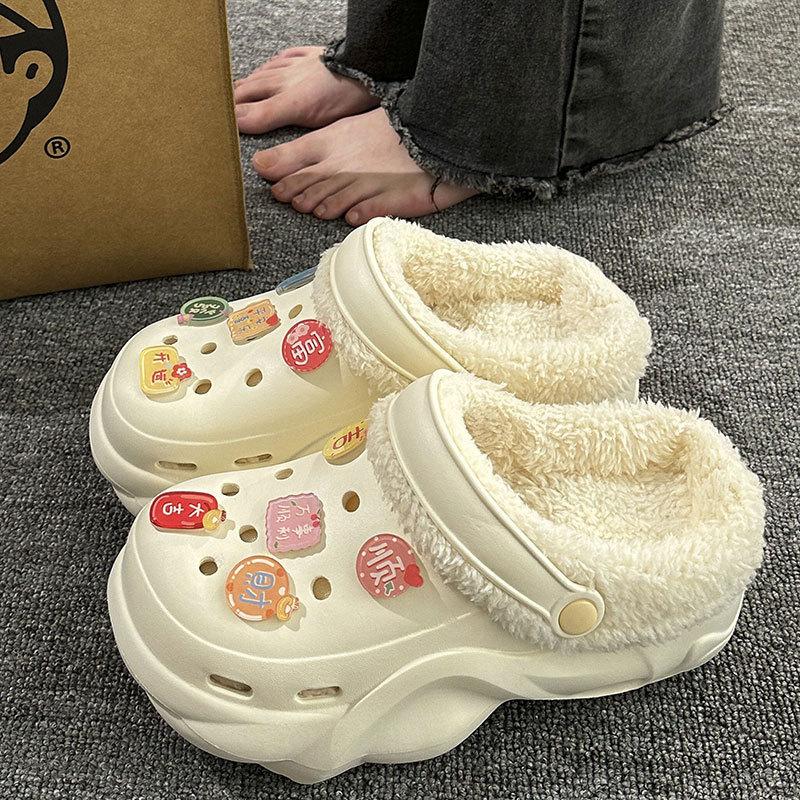 New velvet hole shoes women's winter non-slip outer wear cotton shoes heightened thick-soled home removable cotton slippers