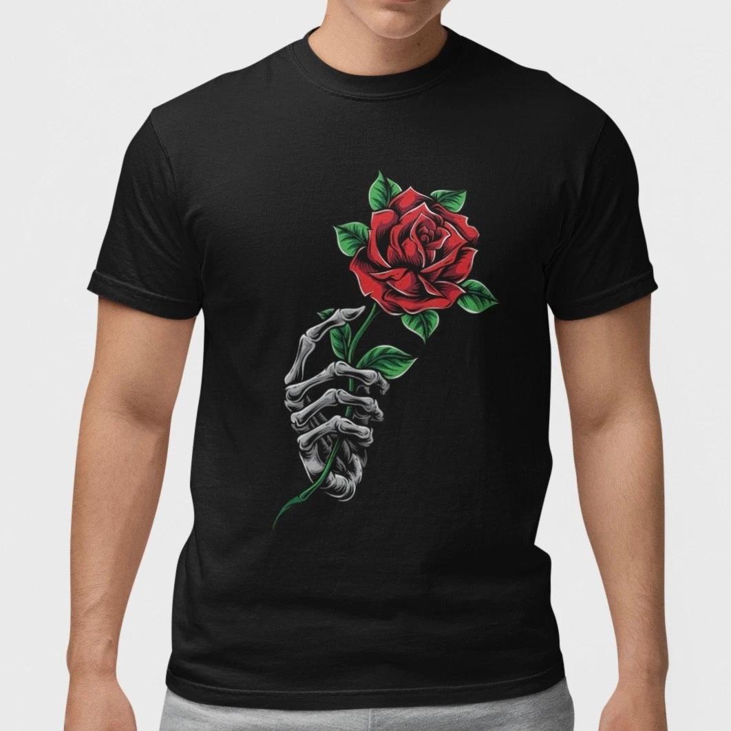 

Skeleton Hand Holding Rose T Shirt Gothic Tattoo Style Unisex Graphic Tee S