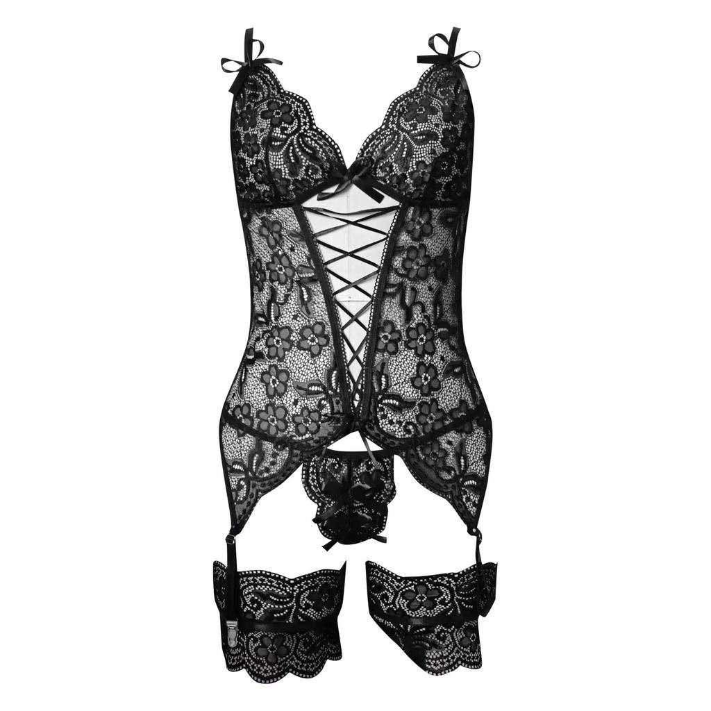 Women Lace Lingerie Set With Garter Belts Lace Bodysuit Teddy Sexy Langerie With Panty Intimates Women'S Exotic Underwear