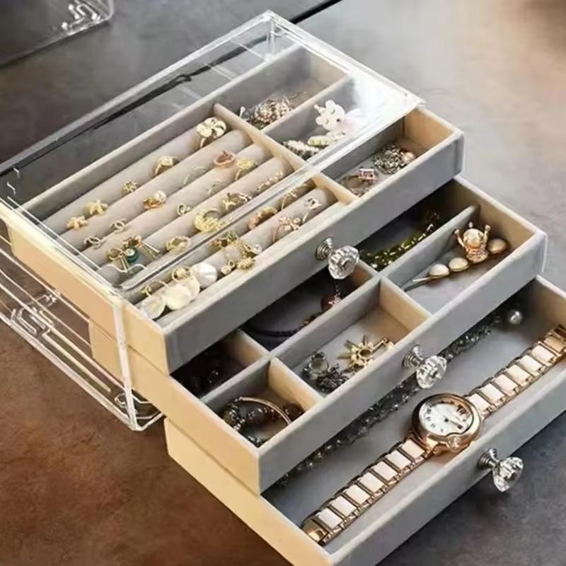 Acrylic Velvet Jewelry Storage Box With 3 Drawers Stackable Display Storage Earrings Necklace Bracelets Box Holder Case