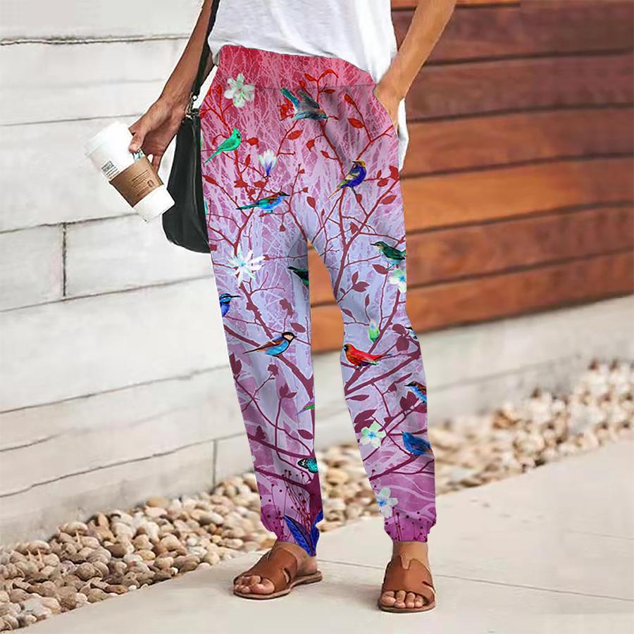 Women Bird Printing Pants Lace Up Elastic Waist Loose  Trousers Casual Long Pants Trousers with Pockets