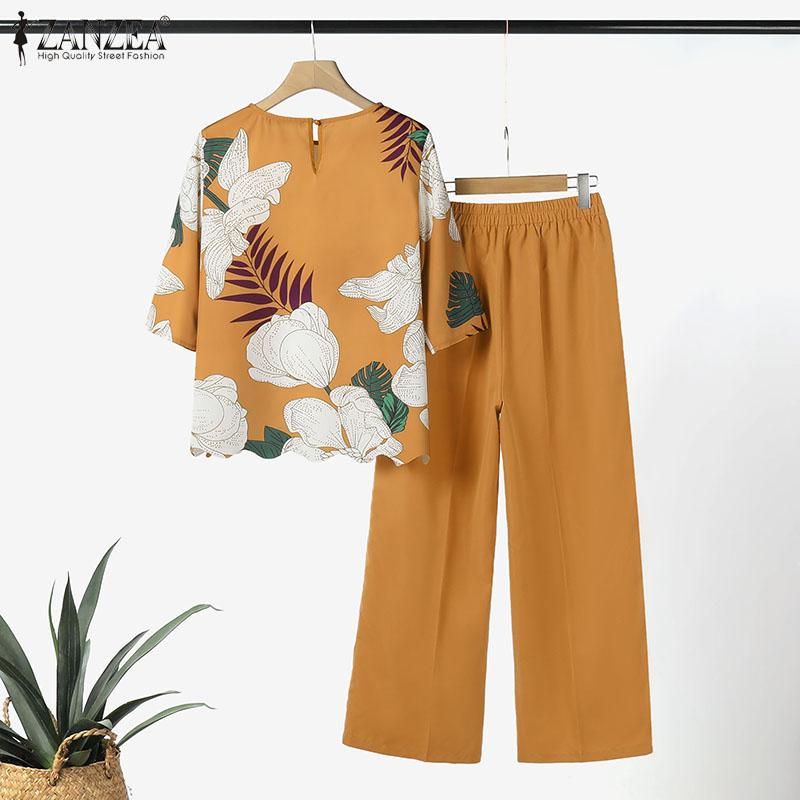 ZANZEA Women Floral Blouse and Pants Casual Two Piece Sets