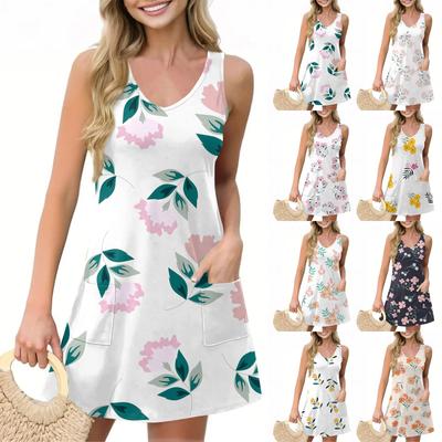 Women's Casual Summer Vest Dress With Pockets Floral Print V Neck Sleeveless Dress