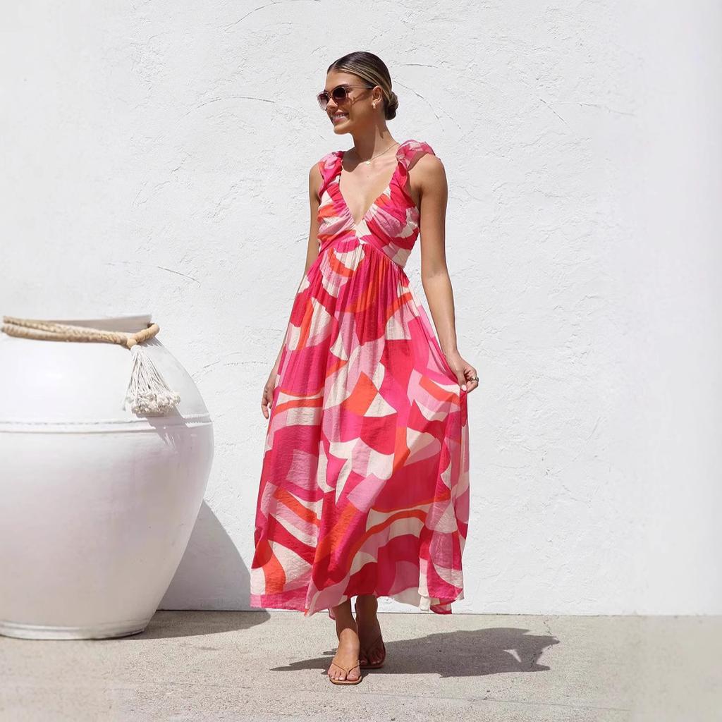 Women's Boho Floral Beach Dress Sleeveless Summer Deep V  Neck Maxi Dress Casual Smocked Flowy A-Line  Sundress Party Long Dresses for Women