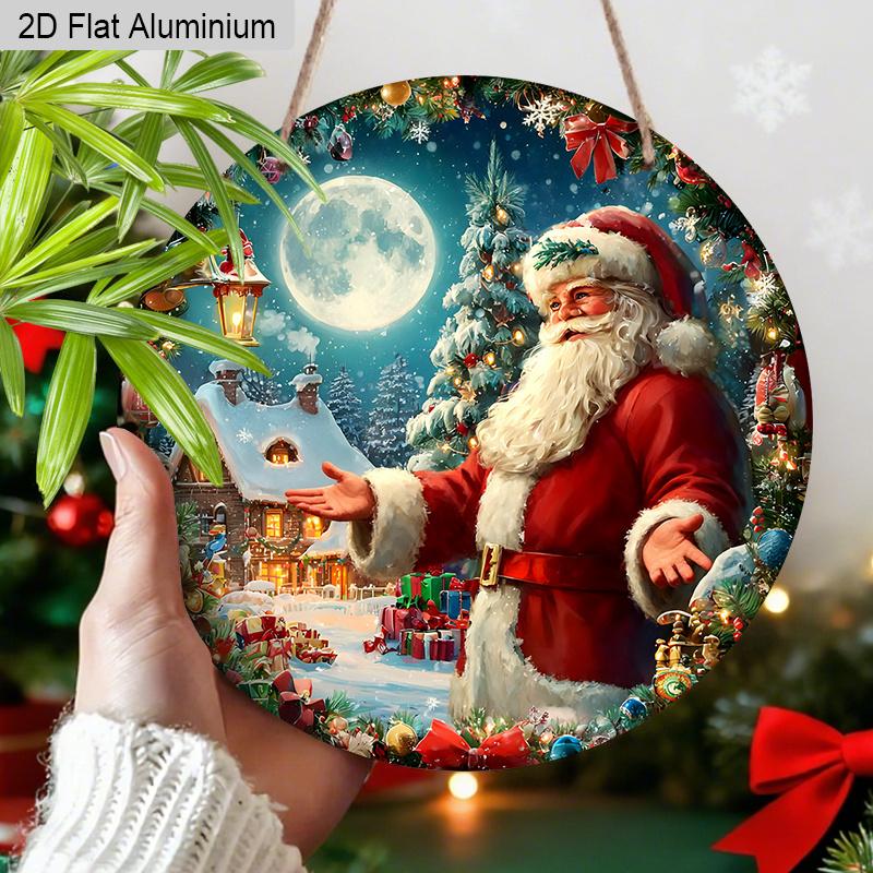 Panneau de Noël en Aluminium Coloré Plat 2D - Ornements Figurine Navidad avec Motif Père Noël & Couronne - Idéal pour Porte d'Entrée, Mur, Porche, Clôture