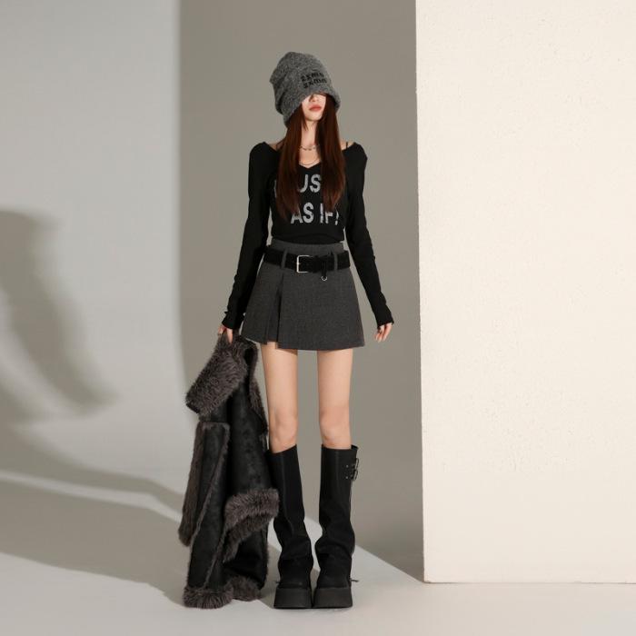 

Spicy Girl Fashion Wool Plaid Skirt Shorts with Belt: Women s Autumn/Winter Anti-Exposure Design M сірий колір