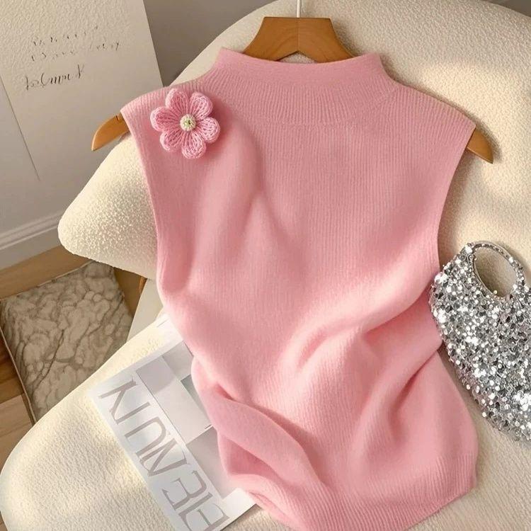 

Yellow Three-dimensional Floral Knitted Ice Silk Vest Women s Summer Pleated Sleeveless Turtleneck Top S рожевий