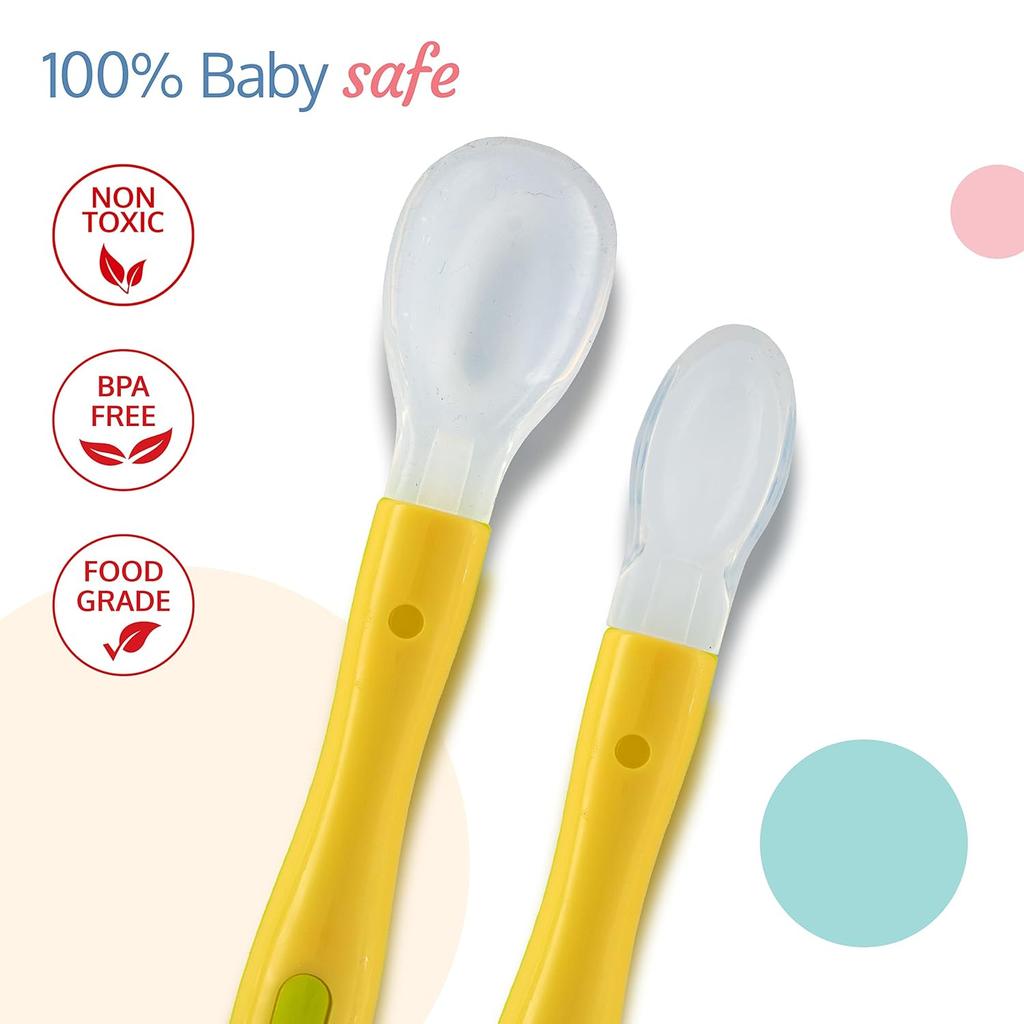 Luvlap Fun Club Baby Silicone Spoon Set Bpa Free 2 Pcs Green And Yellow 23.4 Cm Infant Weaning Toddler Feeding Spoons