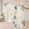 Women Plus Size White Printed Two Piece Set Round Neck Half Sleeve High Low Top Wide Leg Pants