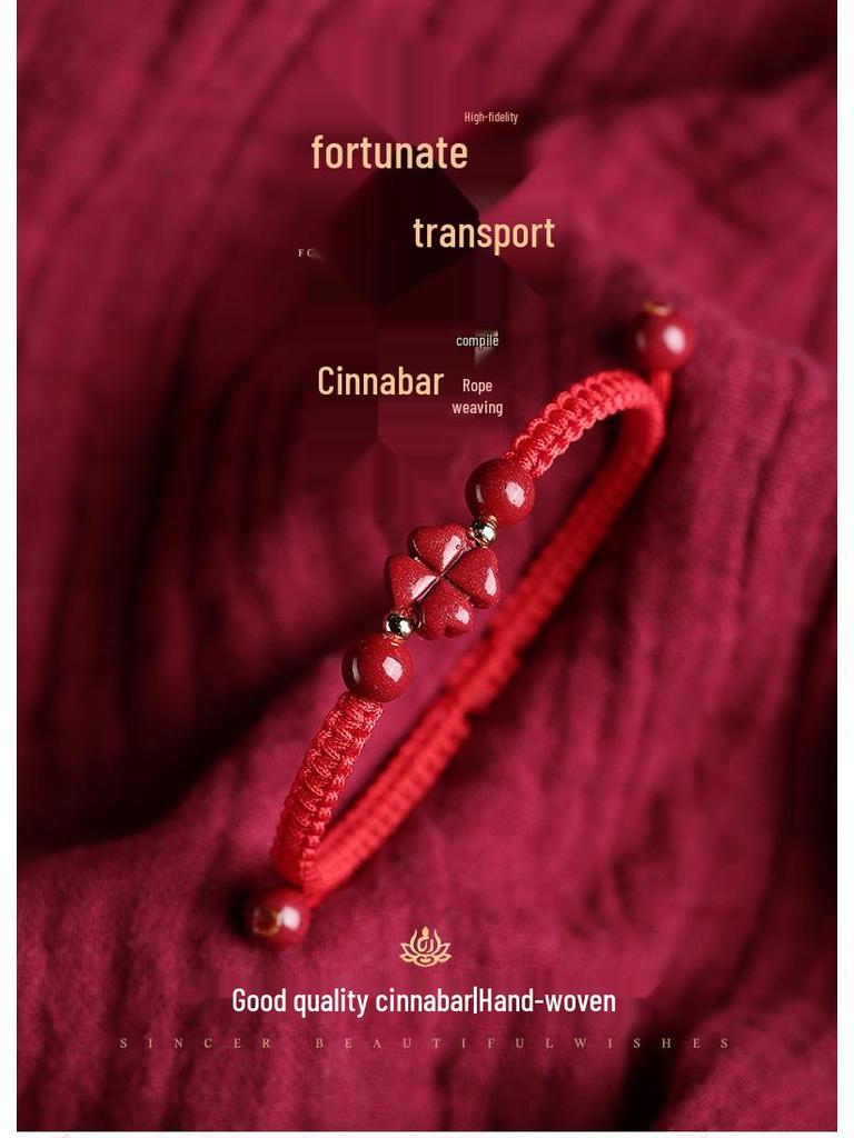 Authentic Cinnabar Four-Leaf Clover Bracelet with Purple Gold Sand and Red Rope for Women and Children