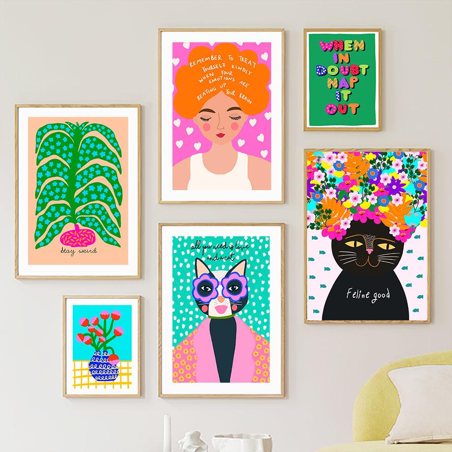 Flower Girl Miss Cat Colorata Pop Art Soggiorno Decorazione Poster e stampe Wall Art Canvas Painting Pictures Home Decor