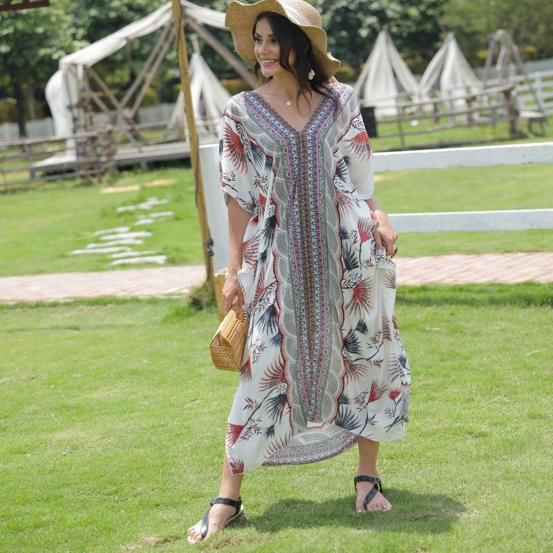 Womens Loose Beach Cover Up Dress With Batwing Sleeves Floral Print Plus Size Swimwear Overlay Size 82 Gray Base with Floral Print