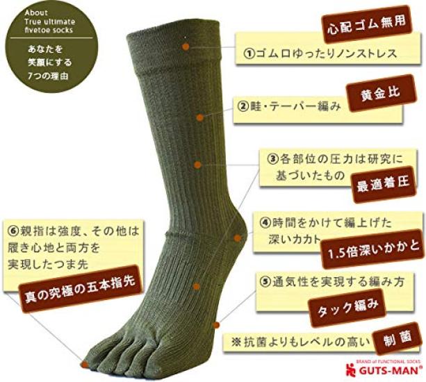 Gutsman Ultimate Optimal Size S Coyote Brown Five-Toe Socks, Deodorizing, Antibacterial, Compression, Sweat-Wicking, Quick-Drying, (23-25cm),