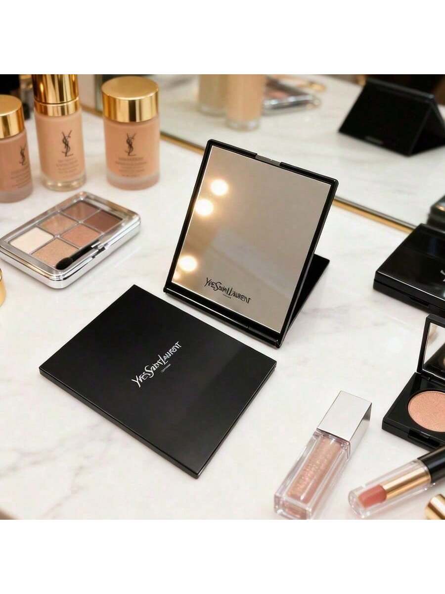 YSL Черное складное зеркало для макияжа, портативное одностороннее с чехлом для хранения - Элегантный и роскошный дизайн, идеальный подарок-сюрприз для женщин. чёрный