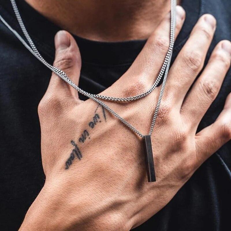 Hot Classic Rectangle Pendant Necklace Men Stainless Steel Black Color Cuban Chain Necklace For Men Jewelry Gift