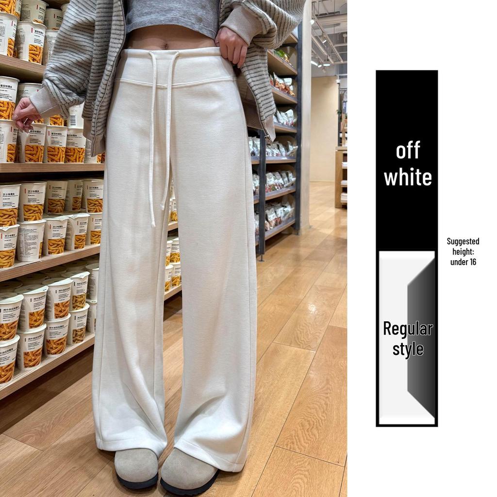 Women's Off-White Fleece-Lined Wide-Leg Pants, Autumn/Winter, Relaxed Fit, Casual, Good Drape, Straight Leg, Glutinous Rice Air Pants