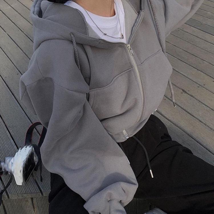 Korean Vintage Women Oversized Zip Up Hoodie Jacket Long Sleeve Harajuku Fashion Solid Color Sweatshirt Autumn Hooded