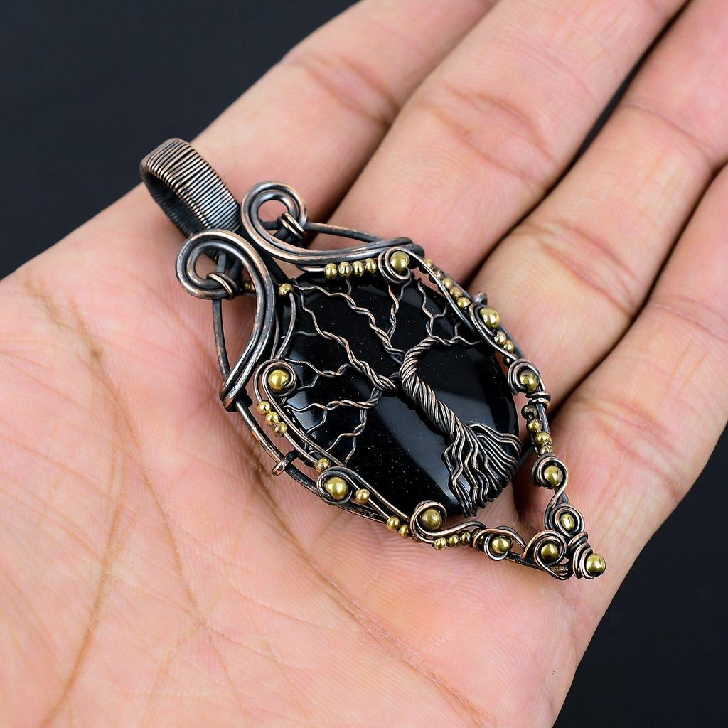 Tree Of Life Black Onyx Gemstone Pure Copper Wire Wrapped Handmade Pendant Jewelry
