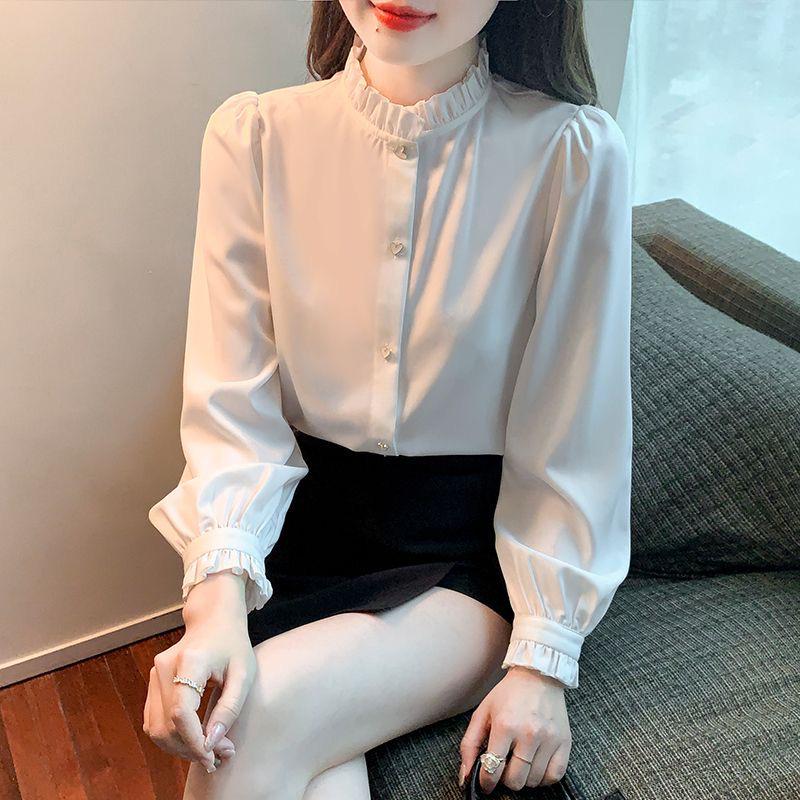 2024 Frühling Damen Slim Fit Langarmhemd - Französischer Stil, Stehkragen, Koreanische Mode, Professioneller Look
